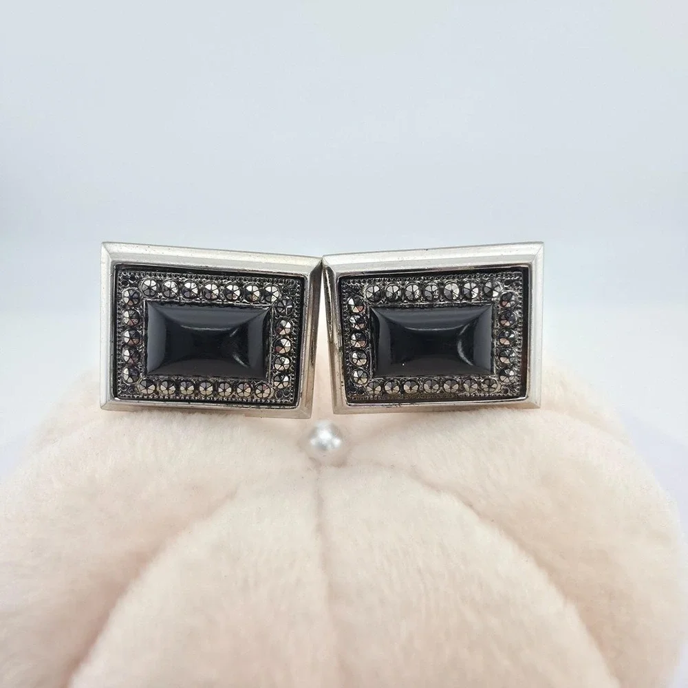 Vintage 75 Yr Old Cufflinks Black Onyx Stone Marcasite Accents Silver Plate